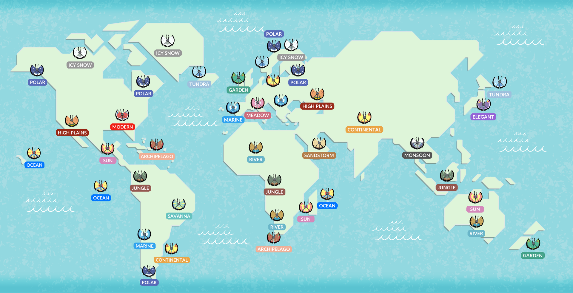 Vivillon habitat map showing all 18 regional patterns across the world
